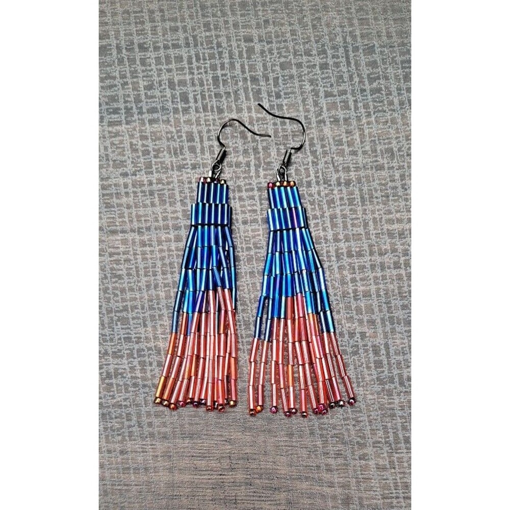 Blue and Pink Beaded Fringe Earrings